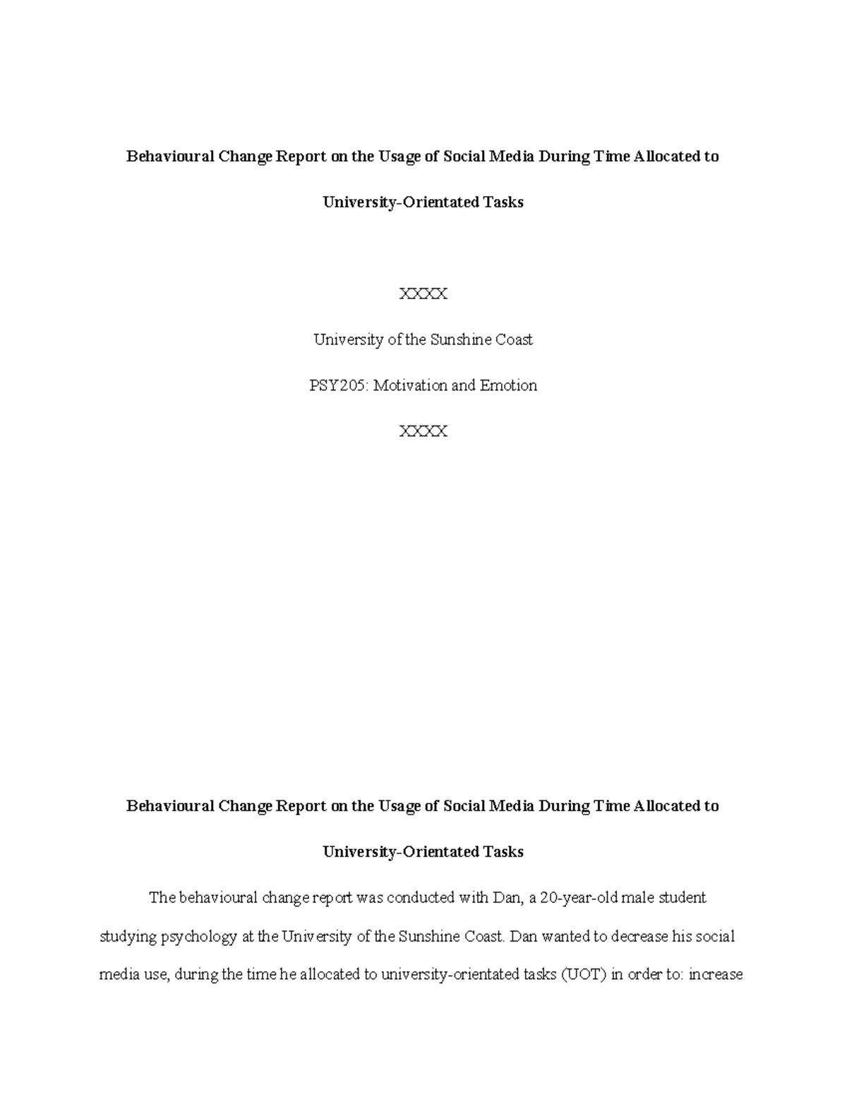 PSY205 Motivation and Emotion Task 1 Part 2 Behavioural Change Report ...