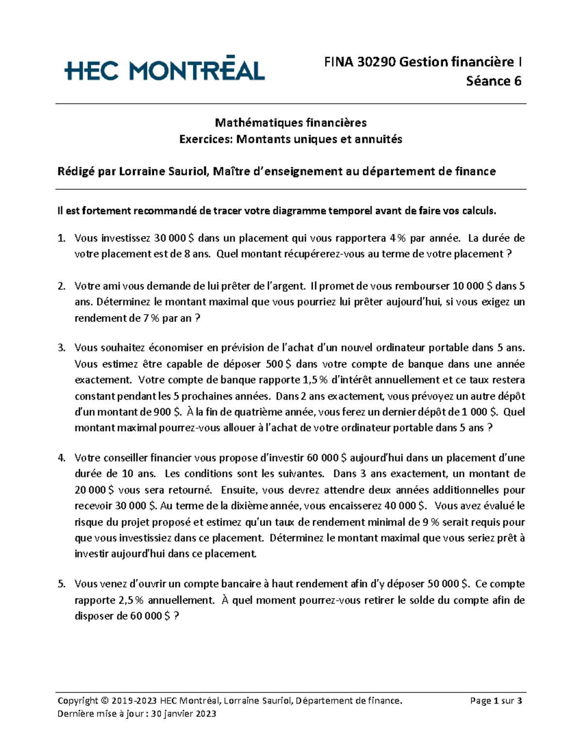 FINA 30290 H23 - S6 - Mathématiques financières - Exercices - Copyright ...