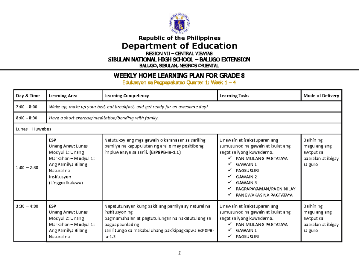 Es P Weekly Home Learning Plan Quarter 1 Weeks 1 4 SY 2021 2022