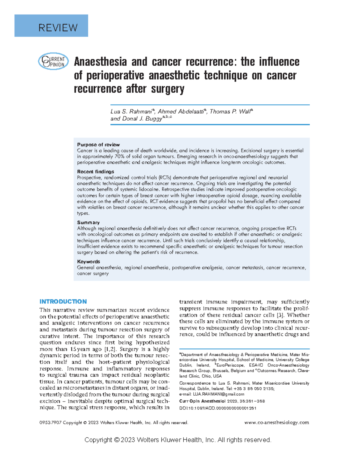 Anaesthesia and cancer recurrence the influence - Rahmania, Ahmed ...