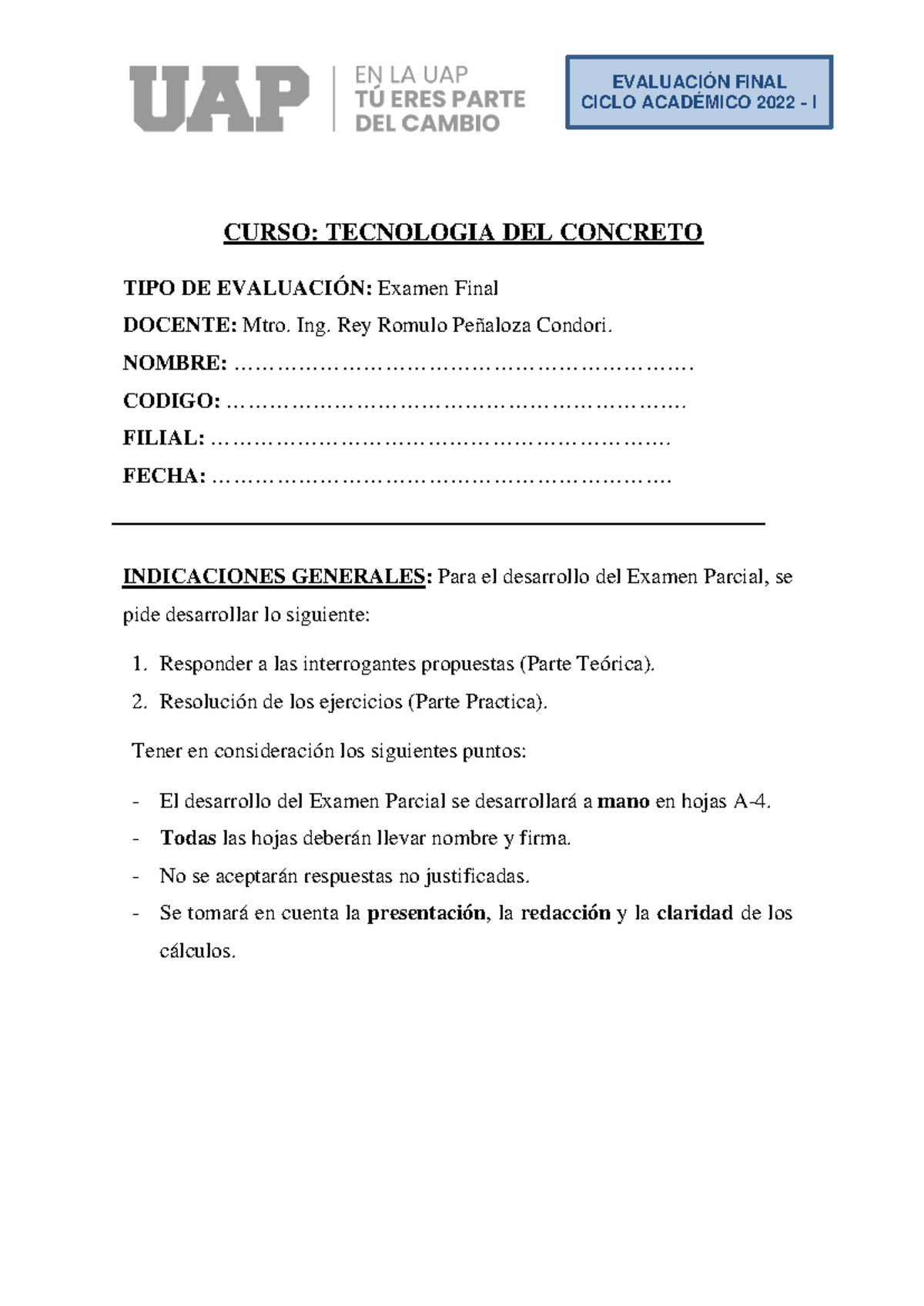 Examen Final - Tecnología Del Concreto - CICLO ACADÉMICO 2022 - I CURSO ...