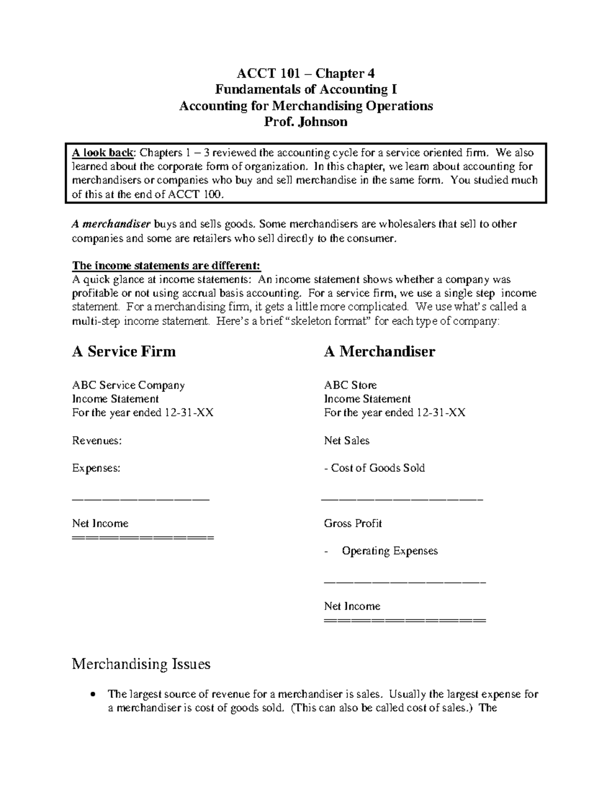 ACCT 101 Chapter 4 Handout - ACCT 101 – Chapter 4 Fundamentals Of ...