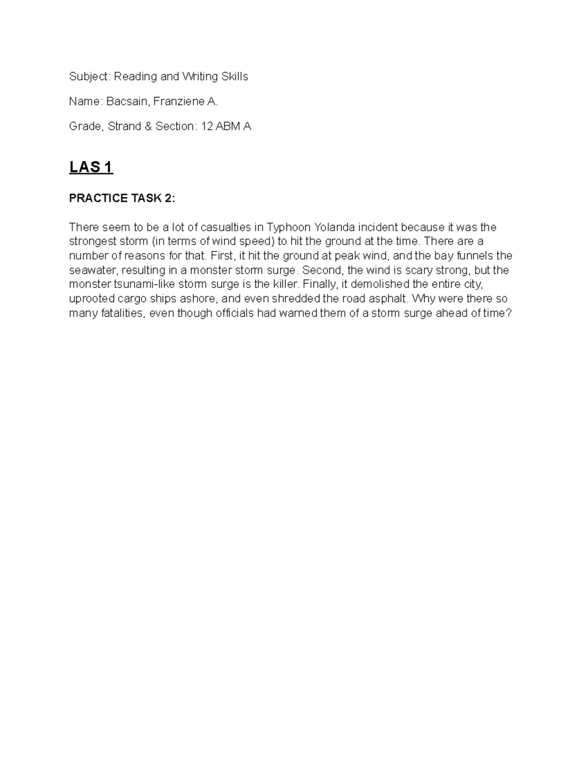 ReadingAND Writing for academic purposes Subject Reading and Writing Skills Name Bacsain