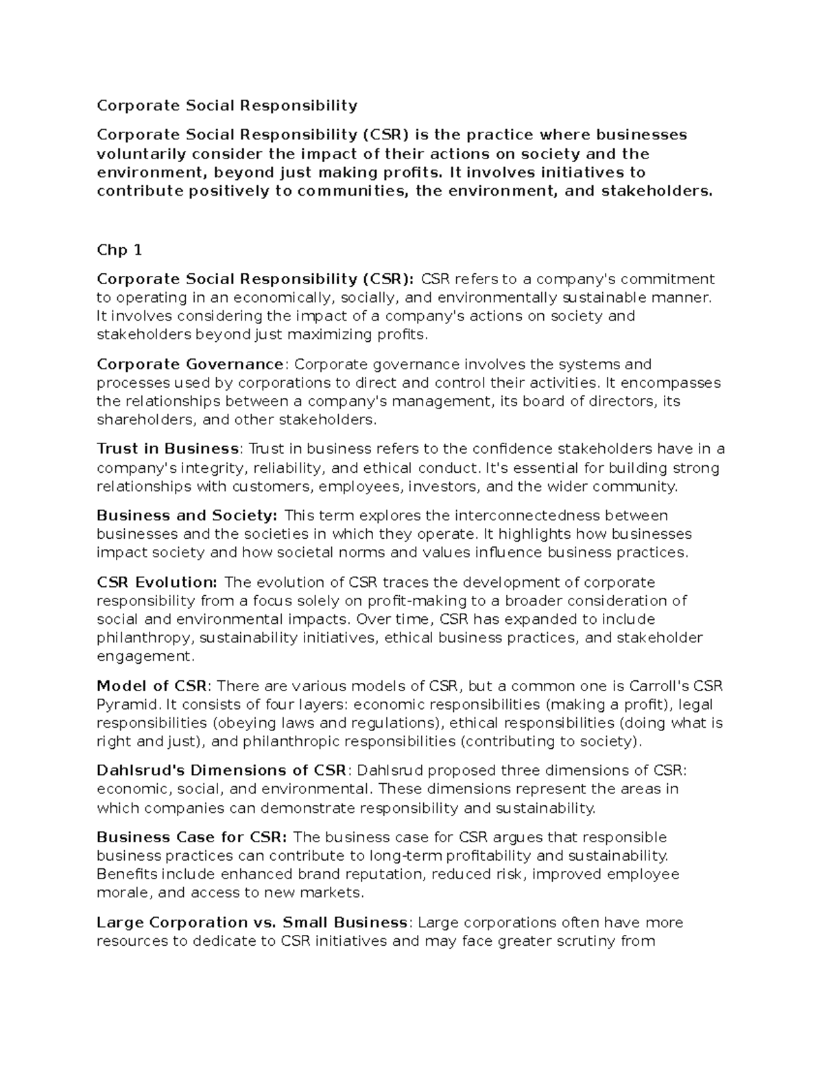 Corporate Social Responsibility chp 1 and 2 notes - Corporate Social ...