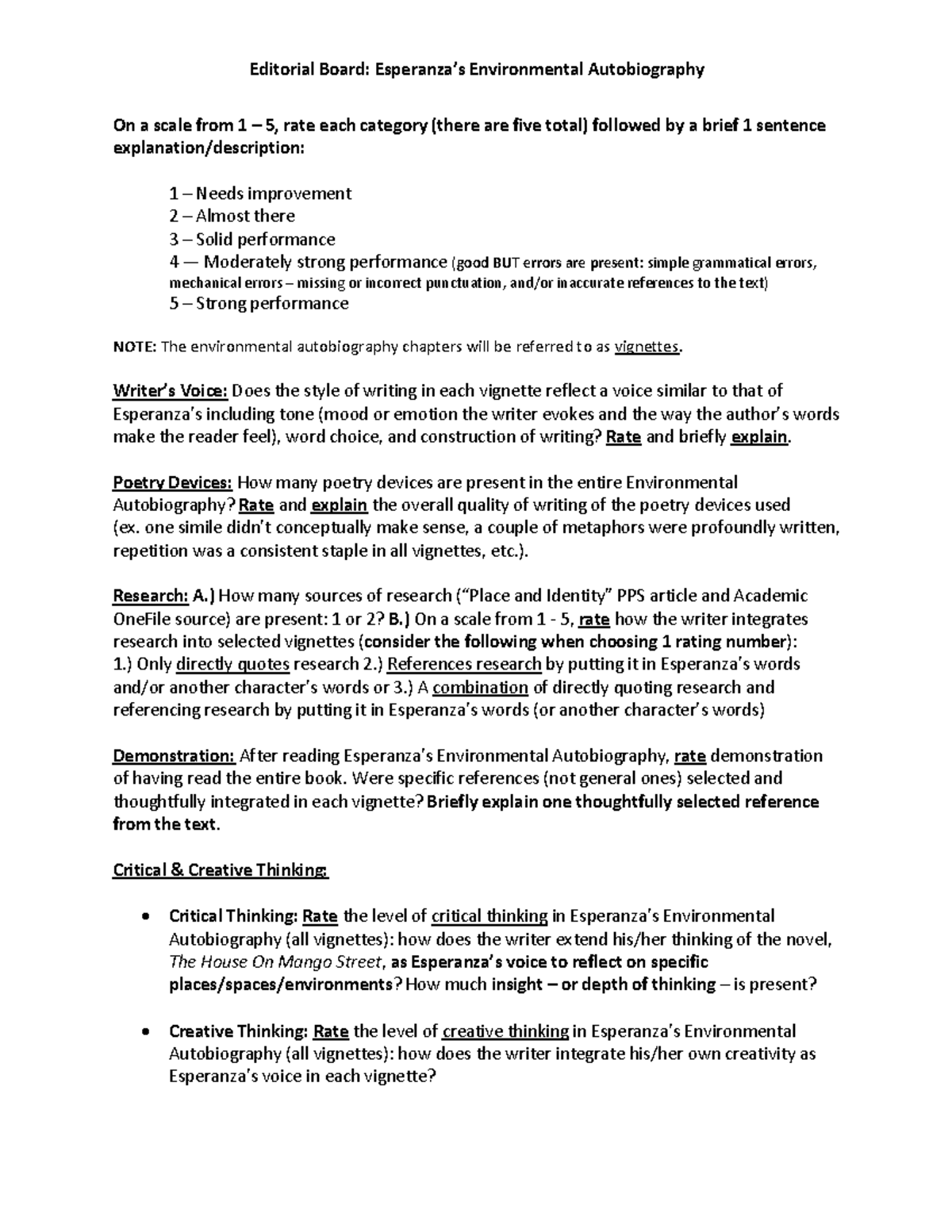 Editorial Board Rubric: Esperanza’s Environmental Autobiography ...