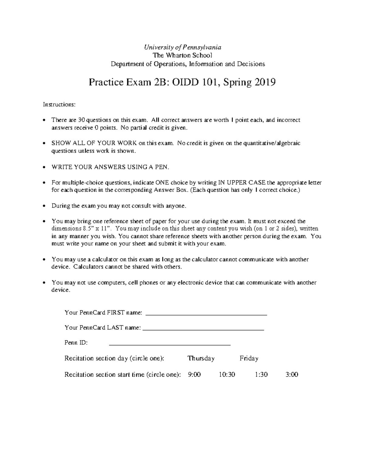 OIDD 101 Spring 2019 Practice Exam 2B - University Of Pennsylvania The ...