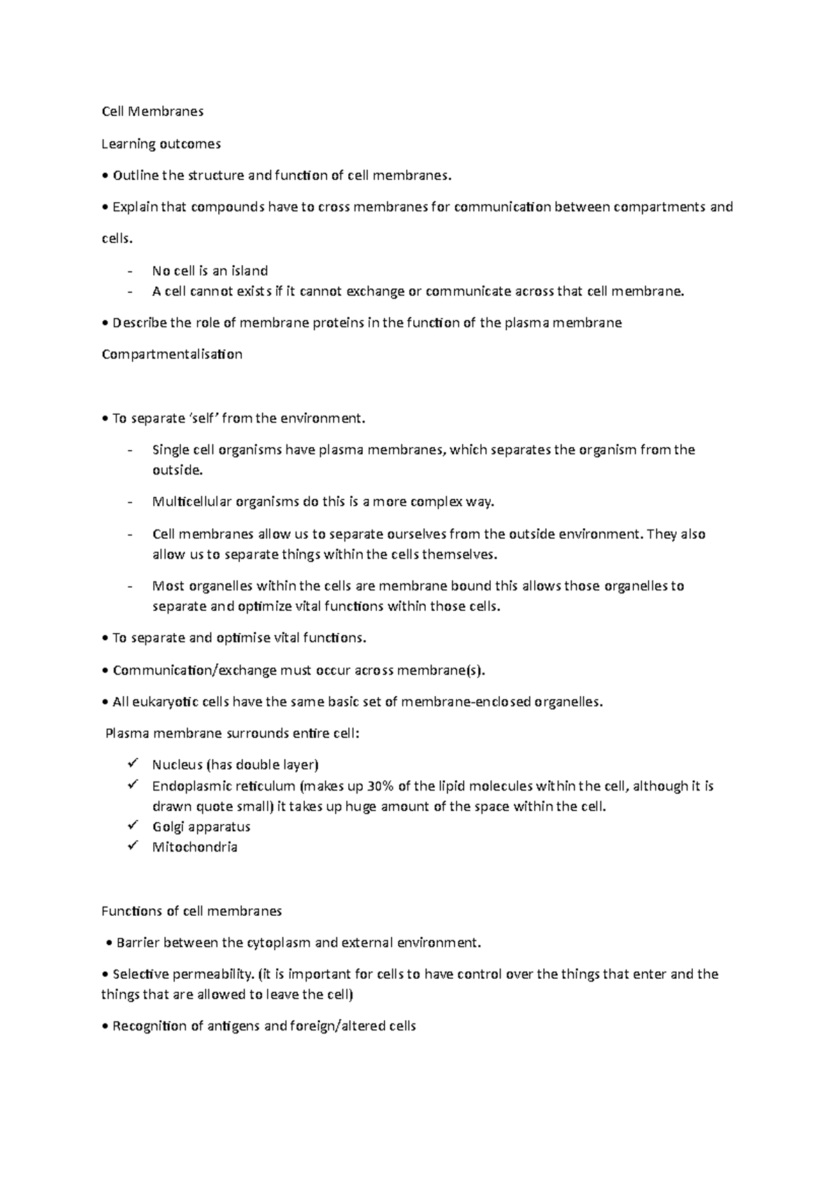 Cell Membranes - Summarised Notes - Cell Membranes Learning Outcomes 