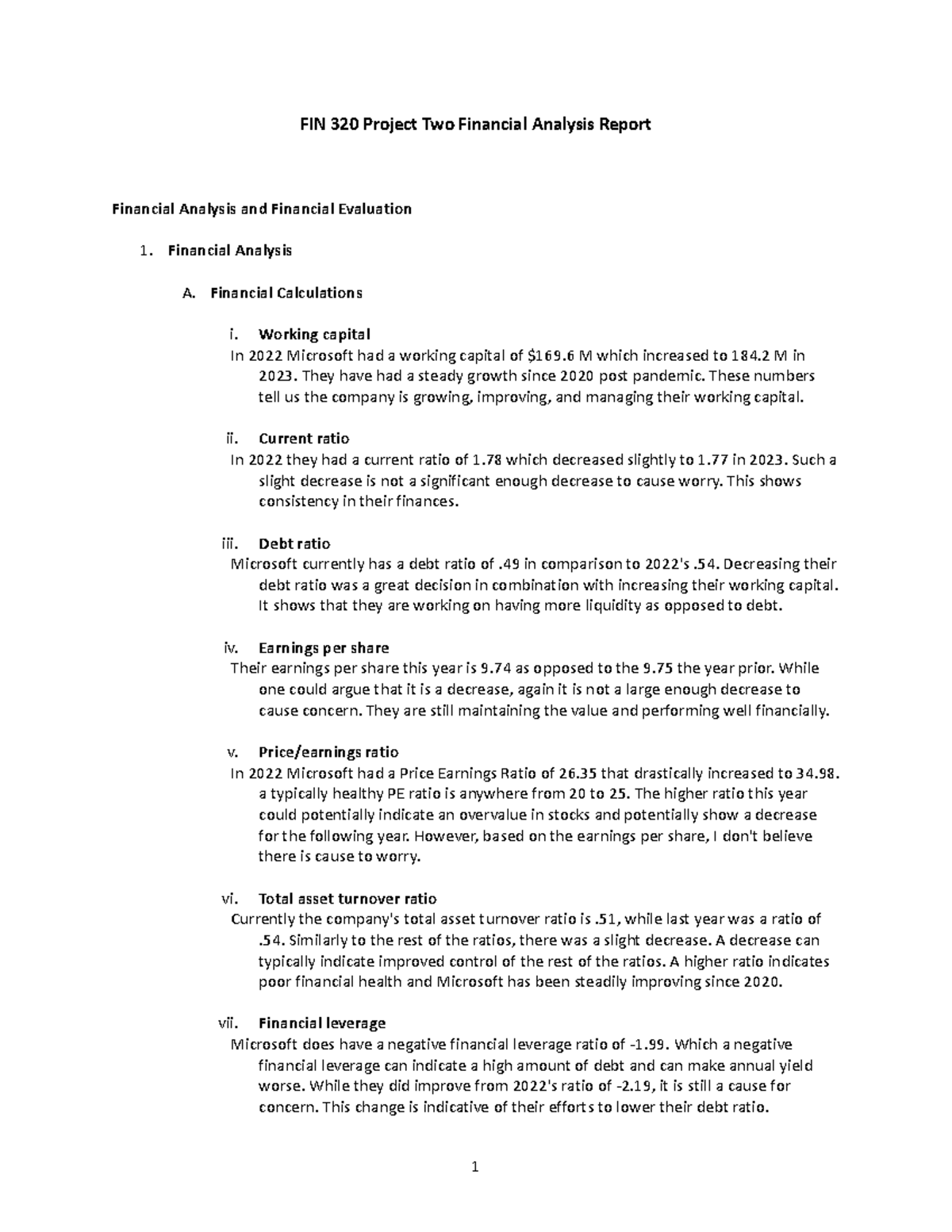 FIN 320 Project Two Financial Analysis Report - Financial Analysis A ...