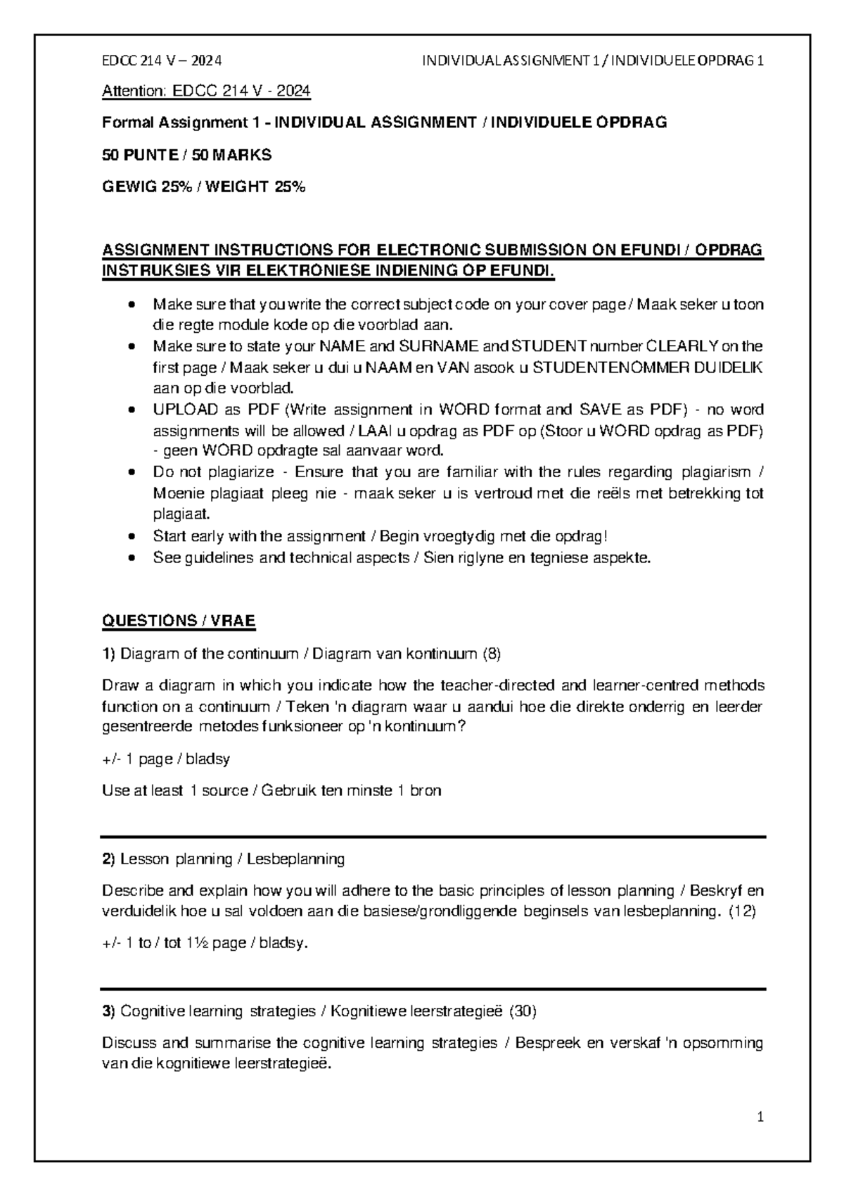 EDCC 214 Assignment 1 Eng Afr 2024 - EDCC 214 V – 2024 INDIVIDUAL ...