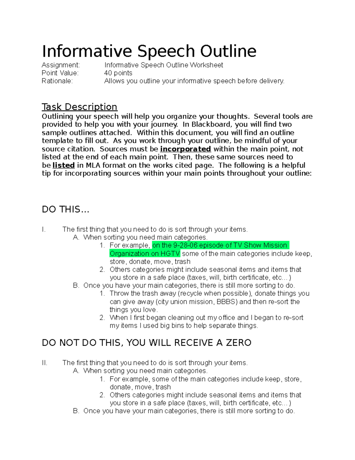 informative speech outline worksheet