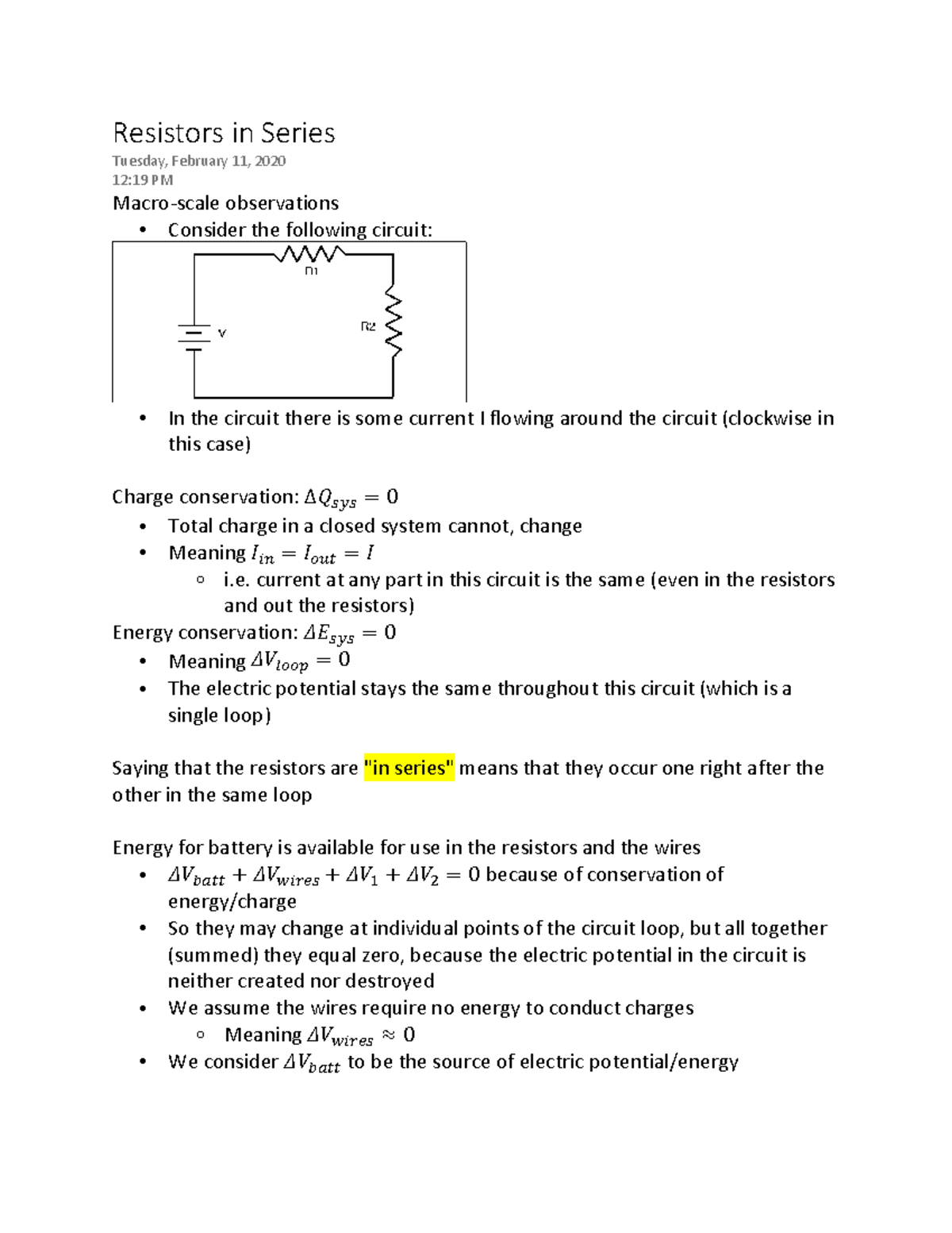 Capacitors and complex circuits pt. 2 Resistors in Series Tuesday