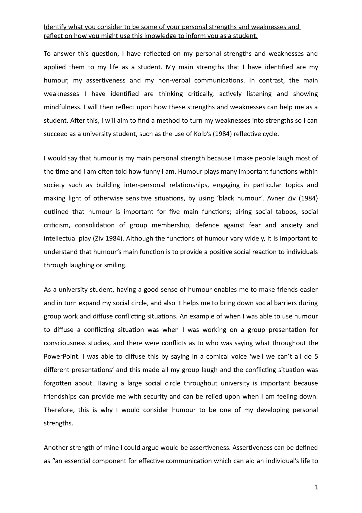 self reflection strengths and weaknesses essay brainly