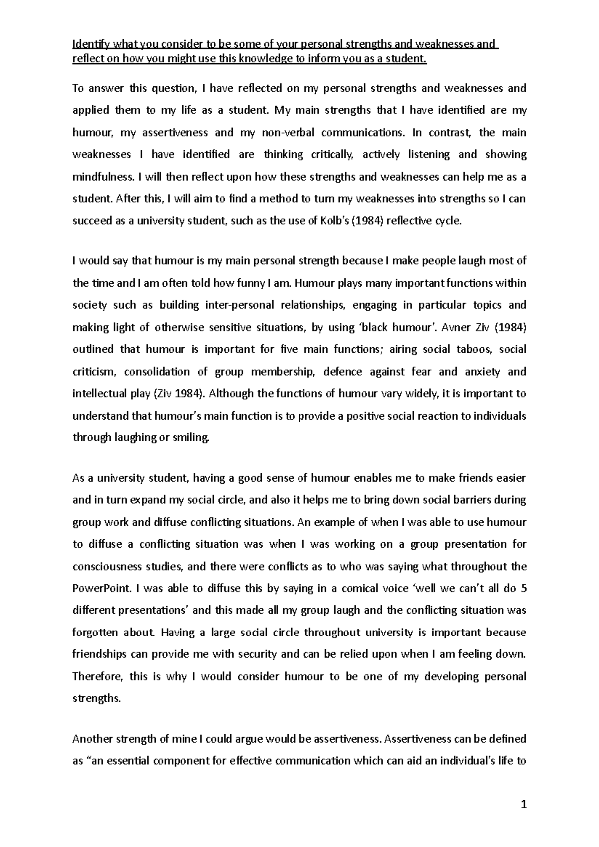 self reflection strengths and weaknesses essay brainly