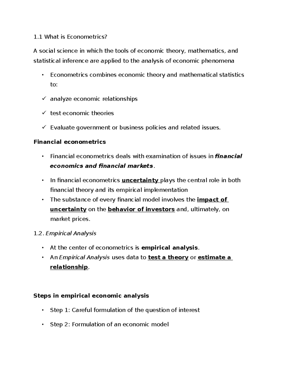 My note - it is a summaries on the course called econometrics - 1 What ...