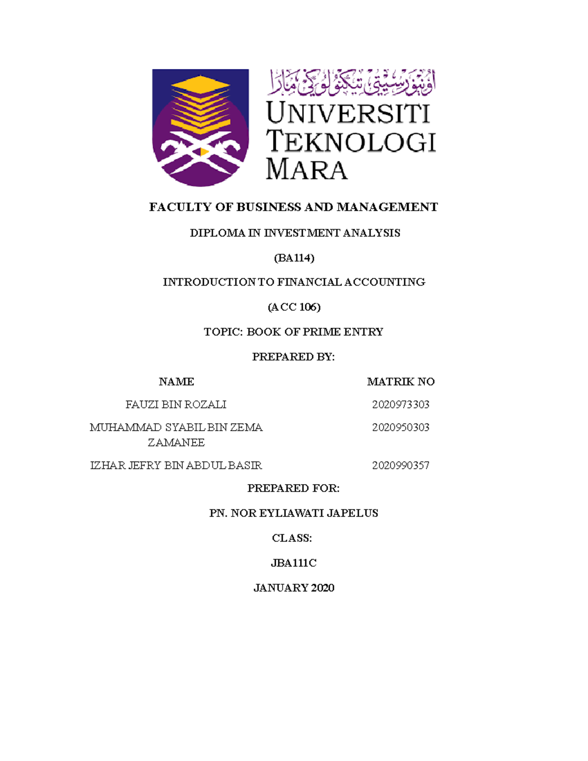 Assignment ACC10 - FACULTY OF BUSINESS AND MANAGEMENT DIPLOMA IN ...