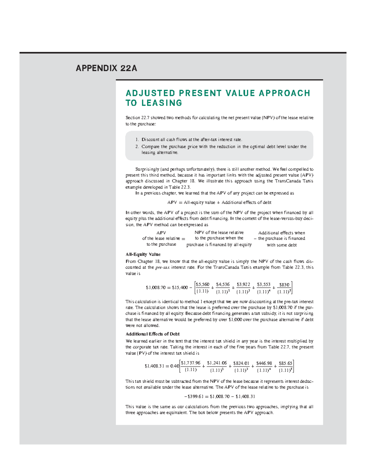 Ross CF 8ce Appendix 22A 22A1 22A2 - ADJUSTED PRESENT VALUE APPROACH TO ...