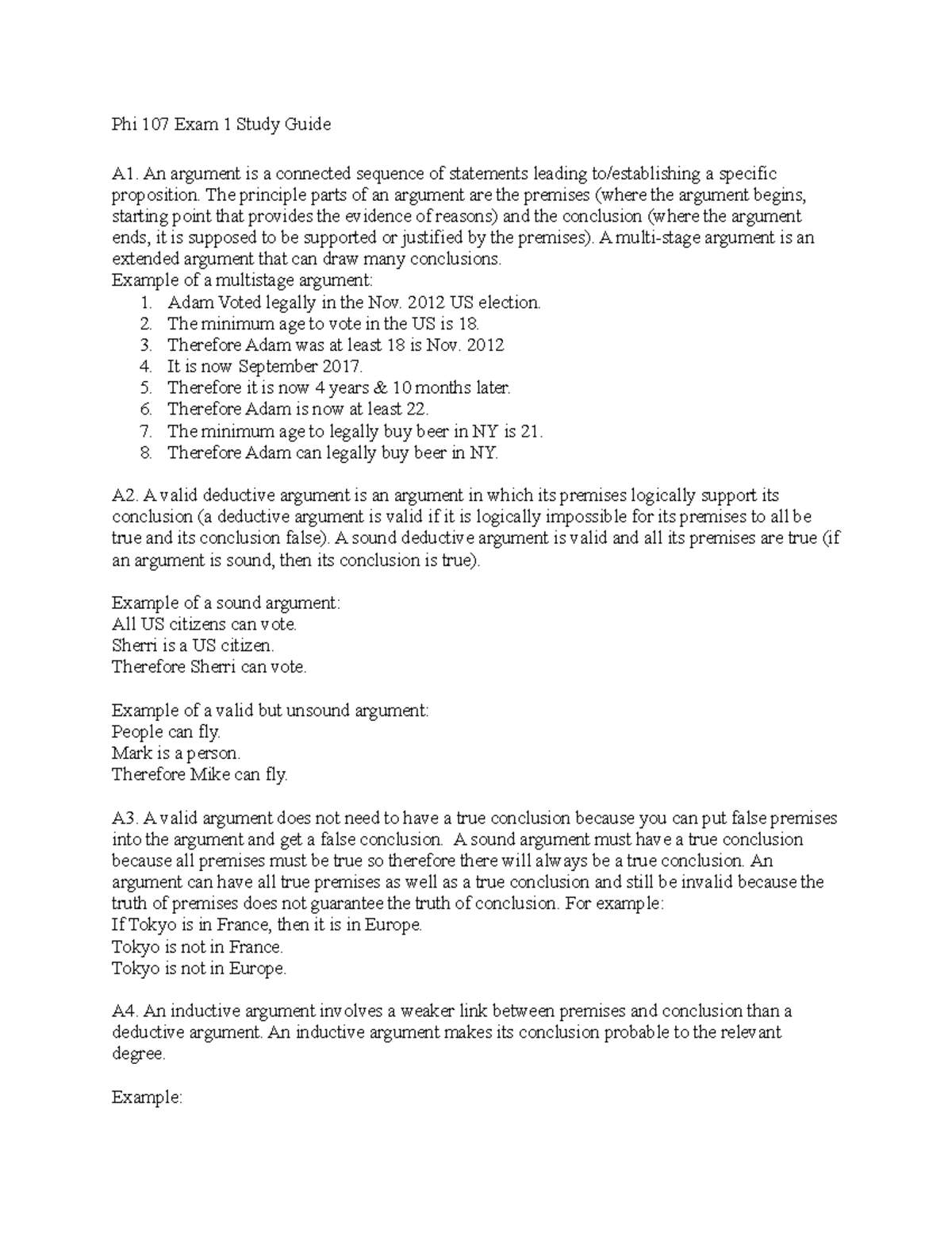 Phi 107 Exam 1 Study Guide - Phi 107 Exam 1 Study Guide A1. An argument ...