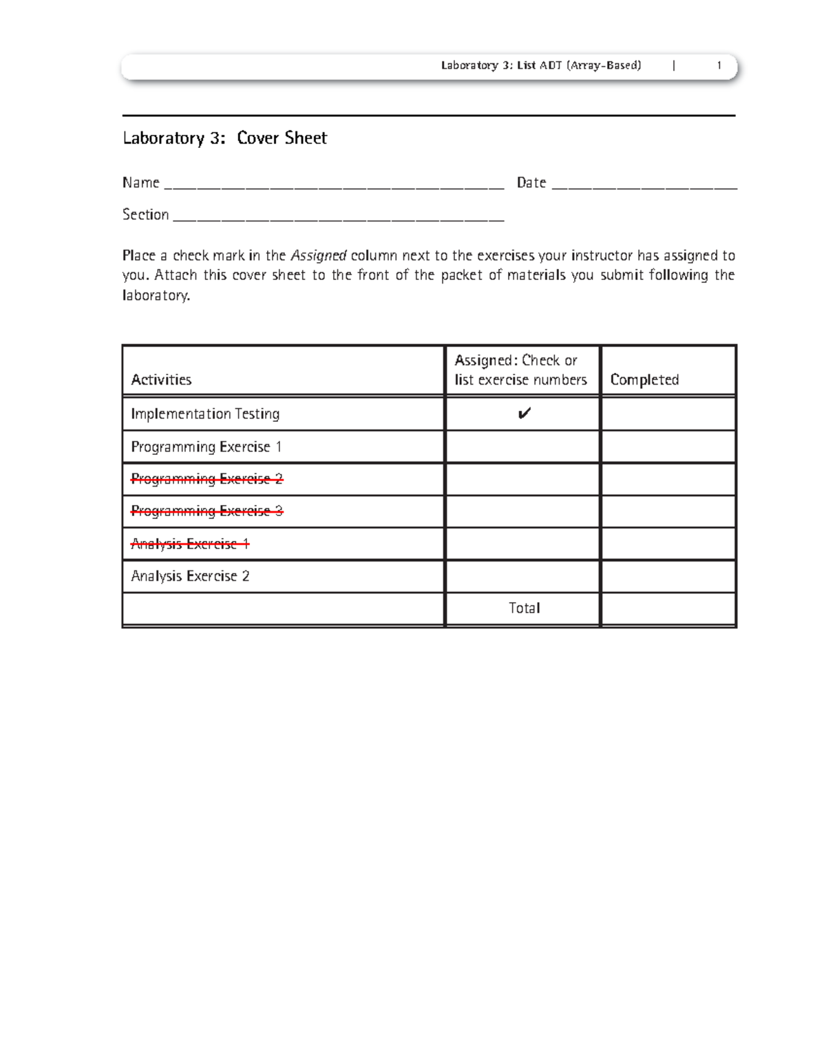 List Worksheets Lab manual and worksheet - Activities Assigned: Check ...