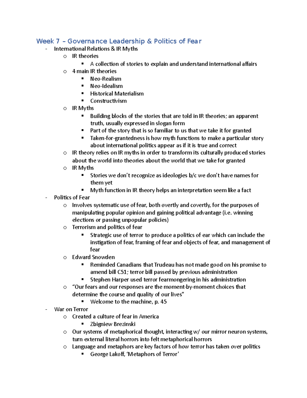 Week 7 - Lecture notes - Week 7 – Governance Leadership & Politics of ...