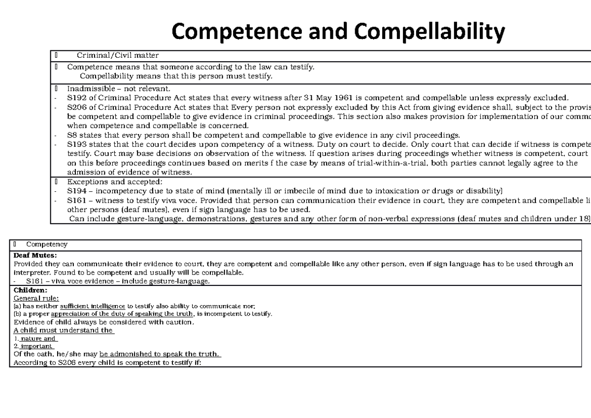 Books summaries 2 - Criminal/Civil matter Competence means that someone ...