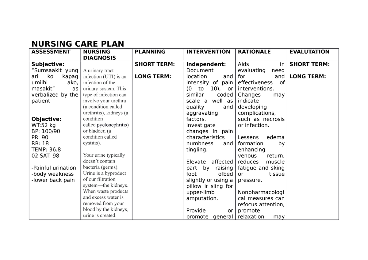 Painful Urination - NONE - NURSING CARE PLAN ASSESSMENT NURSING ...