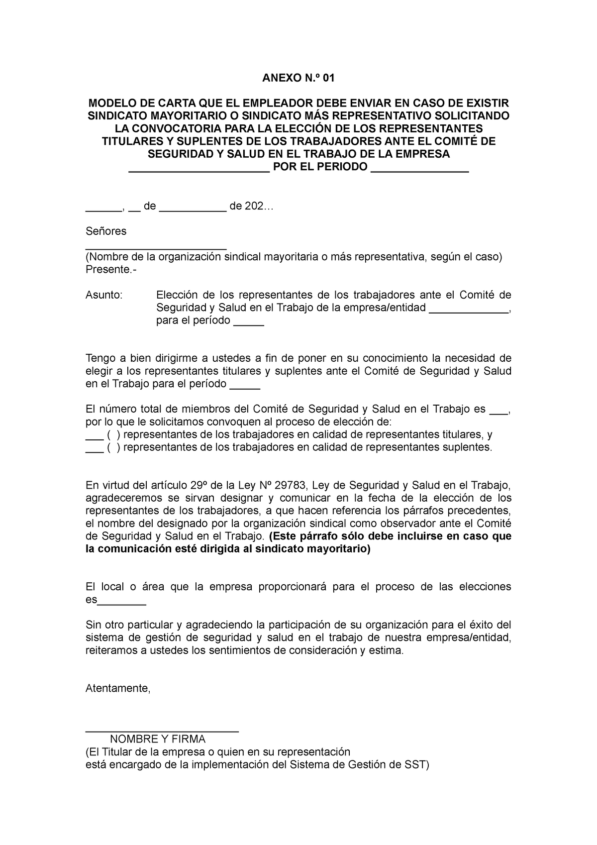 Anexo 1. Modelo de carta que debe enviar el empleador al sindicato - ANEXO  N.º 01 MODELO DE CARTA - Studocu