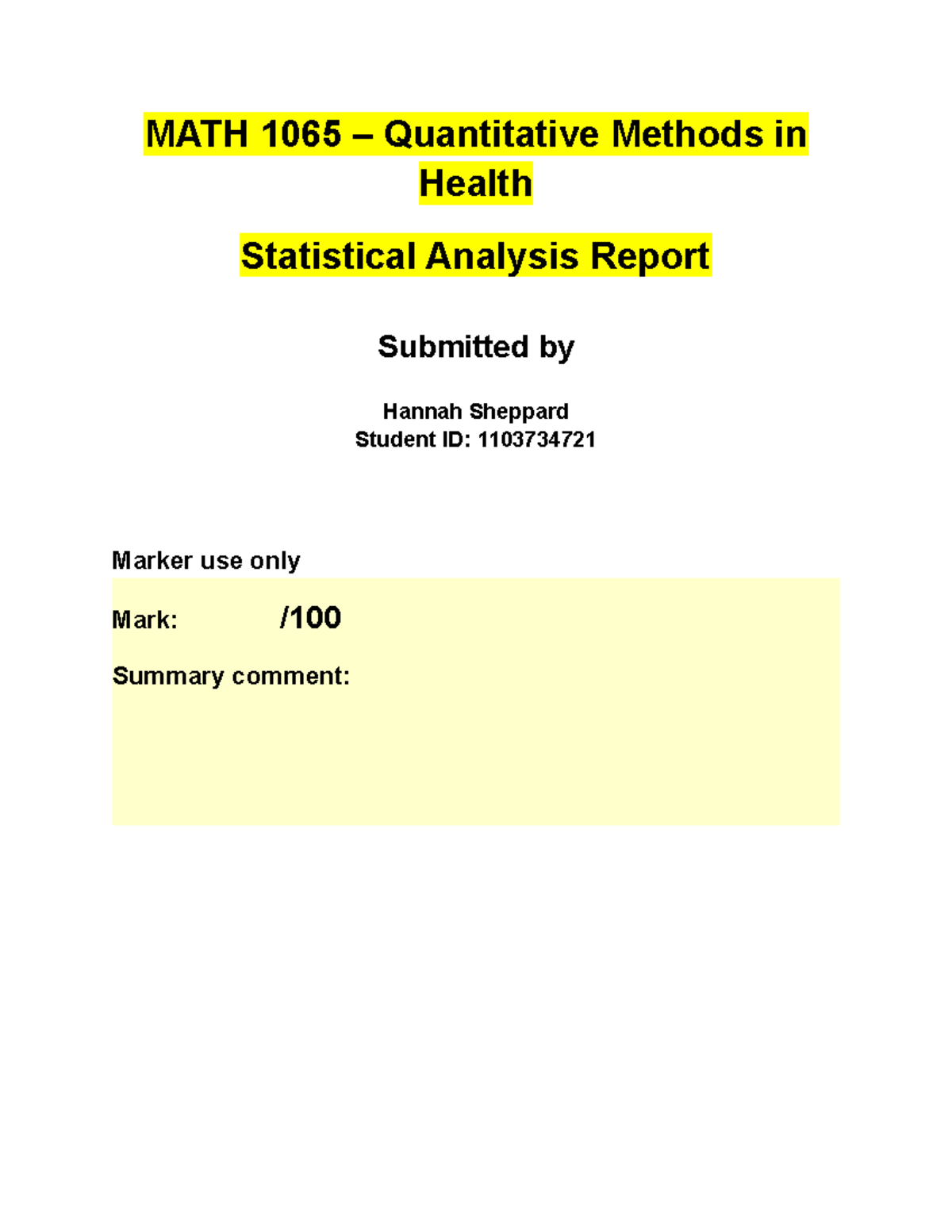 MATH 1065 – Quantitative Methods in Health - MATH 1065 – Quantitative ...