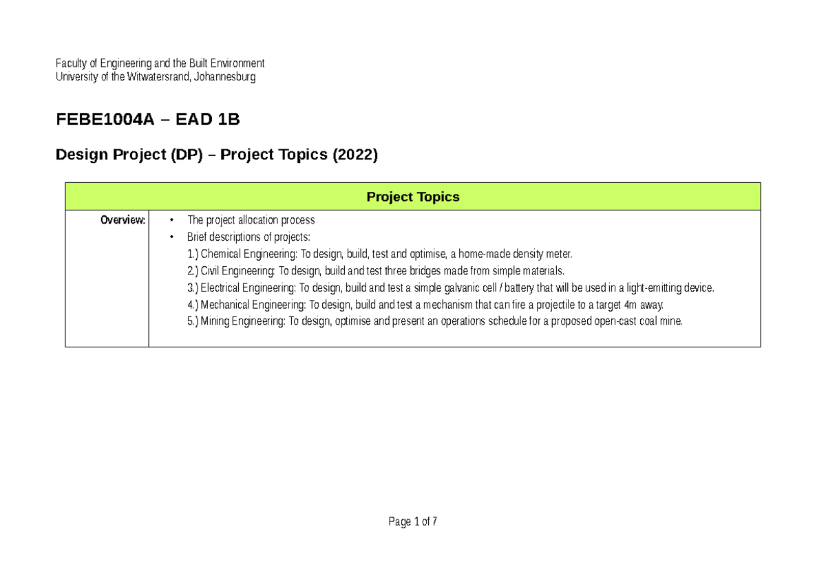 DP Project Topics - University of the Witwatersrand, Johannesburg ...