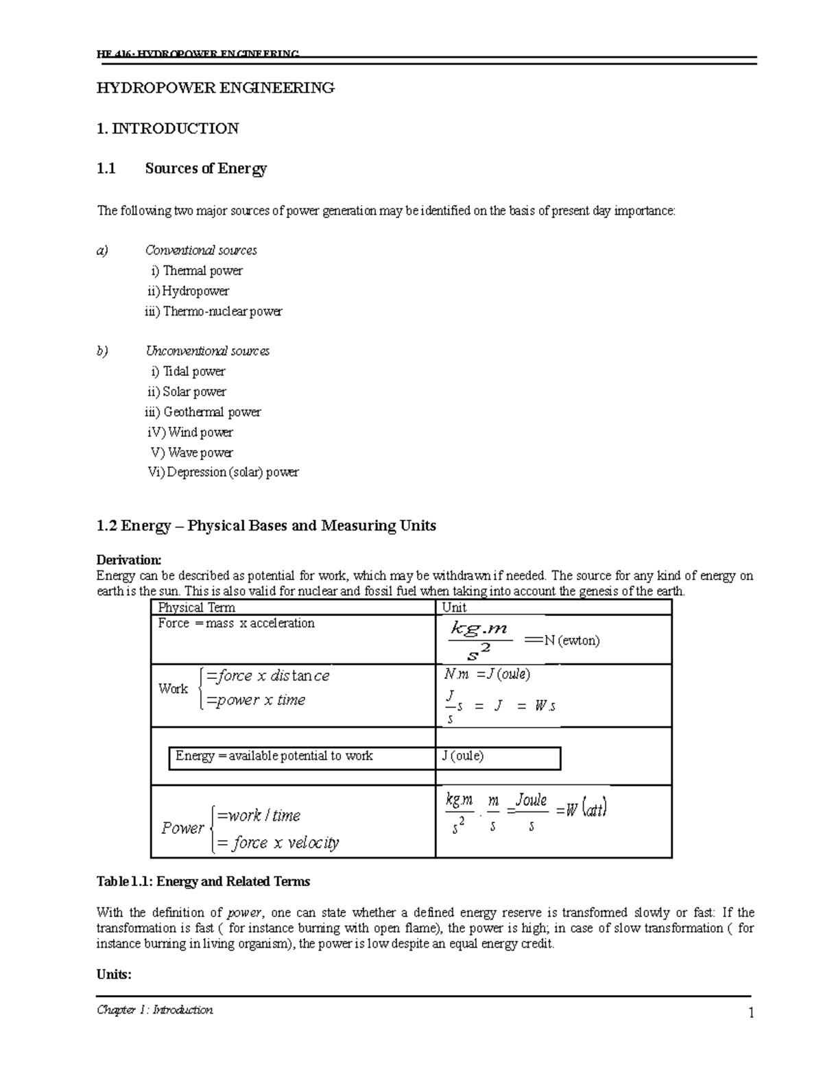 He416 C1 Irrigation Engineering Iii He 416 Hydropower Engineering