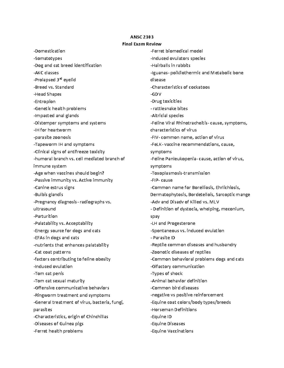 TTU ANSC 2303 Final Exam Review ANSC 2303 Final Exam Review