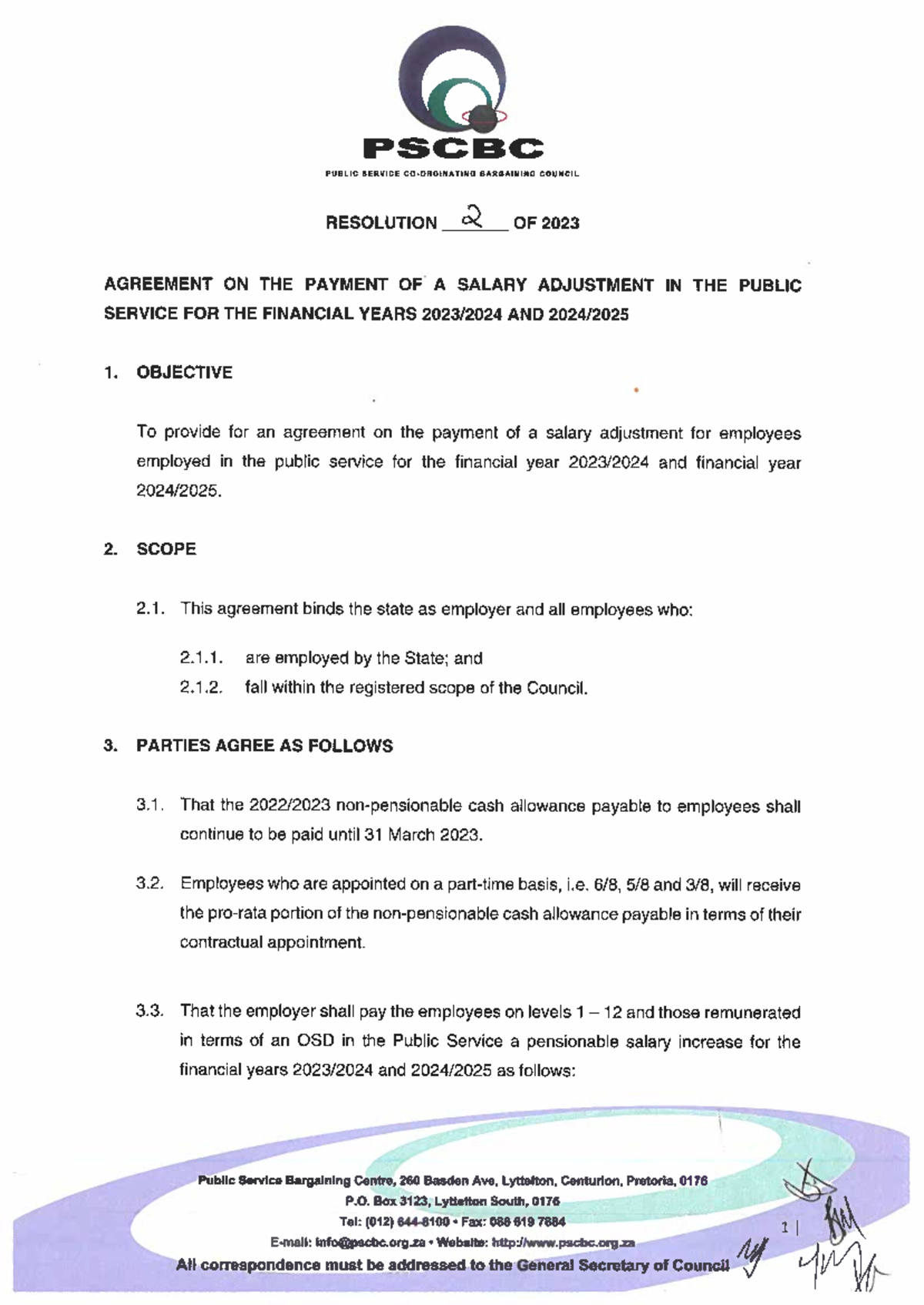 Pscbc Resolution 2 of 2023 Agreement on the Salary Adjustment 2023