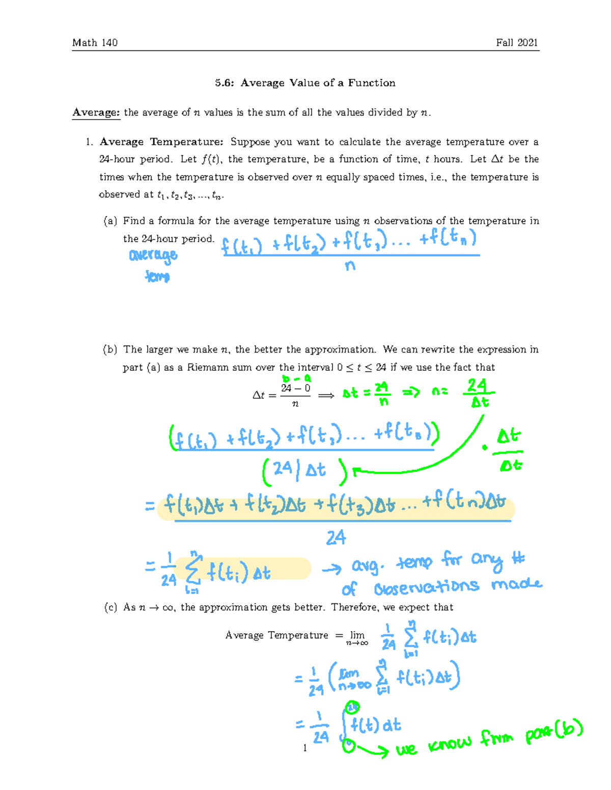 5.6 lecture notes- math 140 - 5: Average Value of a Function Average ...