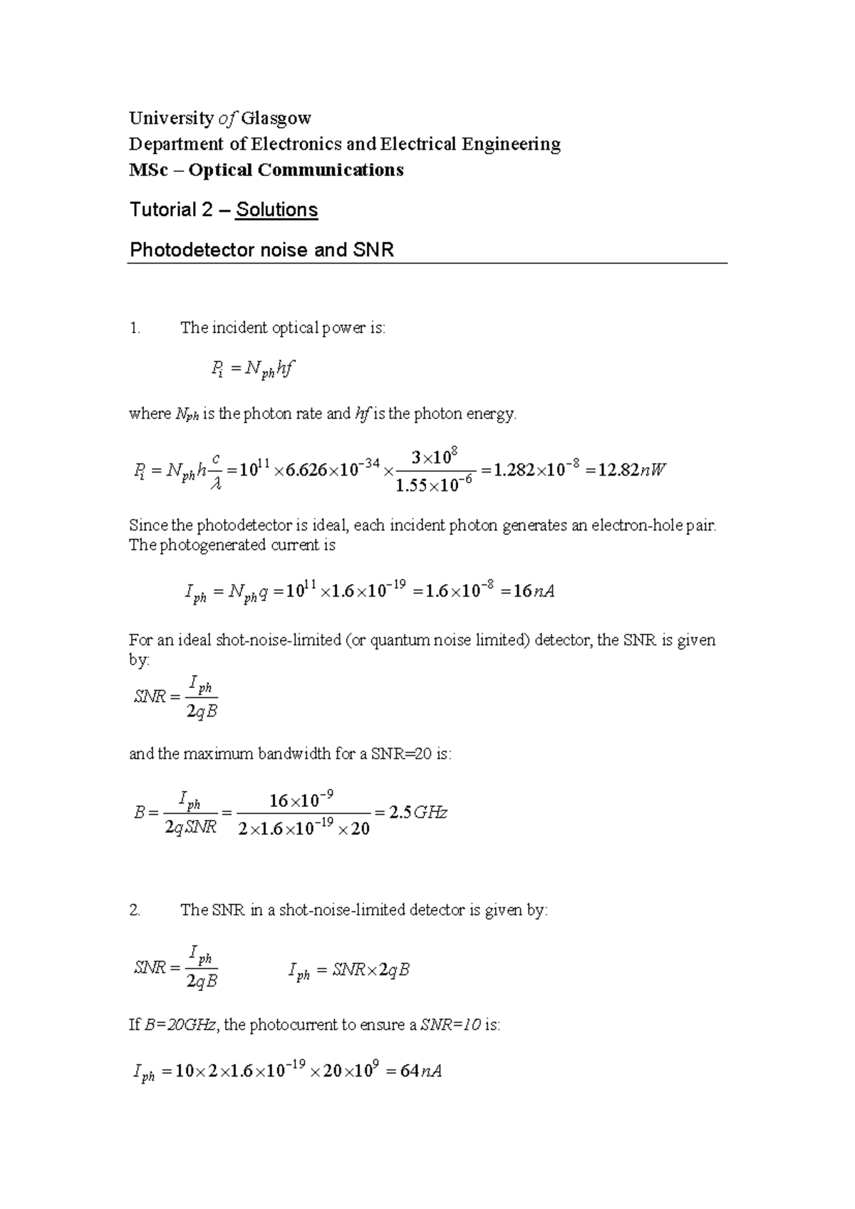Photodiodes Tutorial 2 Solutions University of Glasgow Department