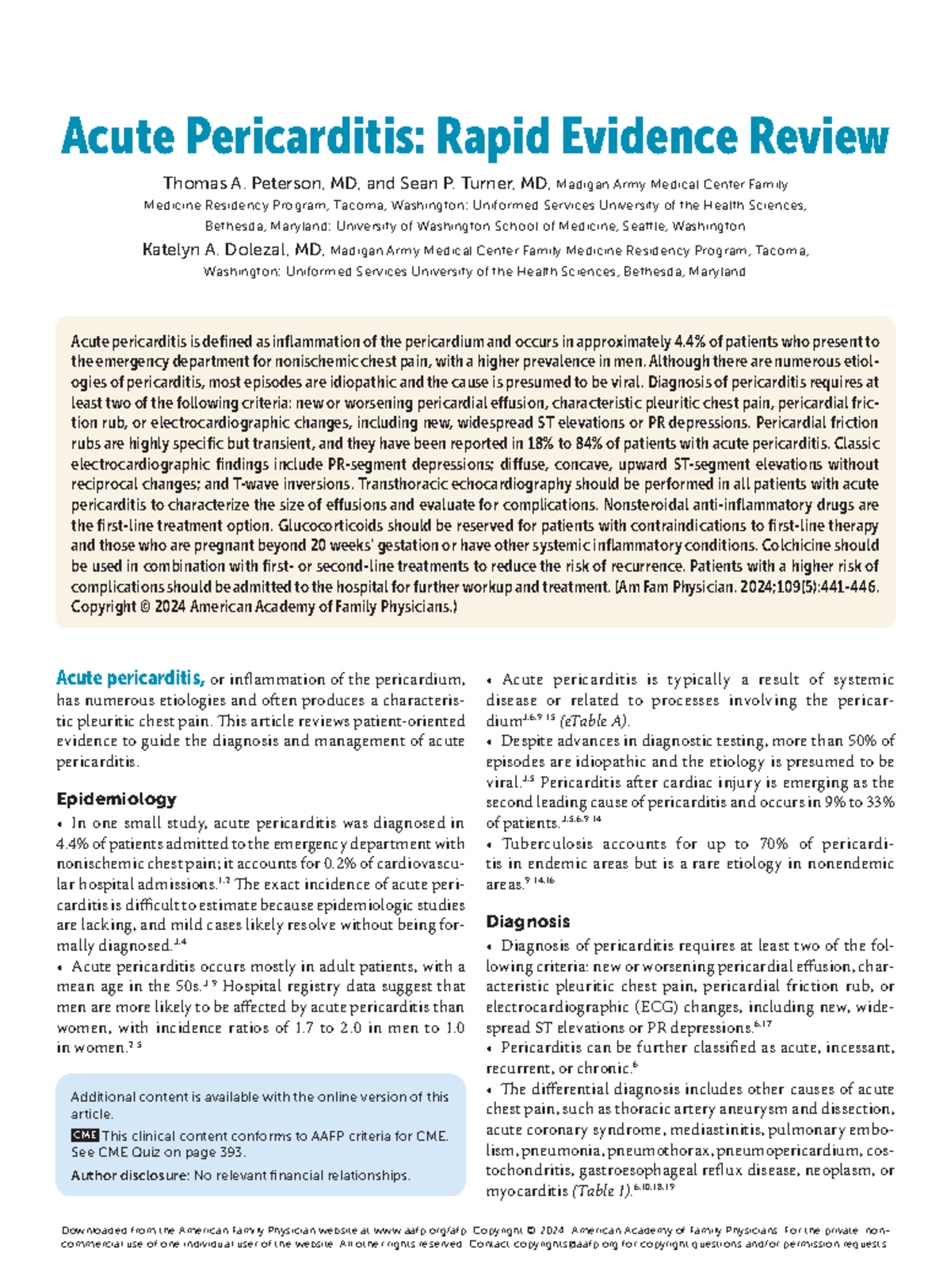 Acute Pericarditis Rapid Evid - May 2024 Volume 109, Number 5 aafp/afp ...