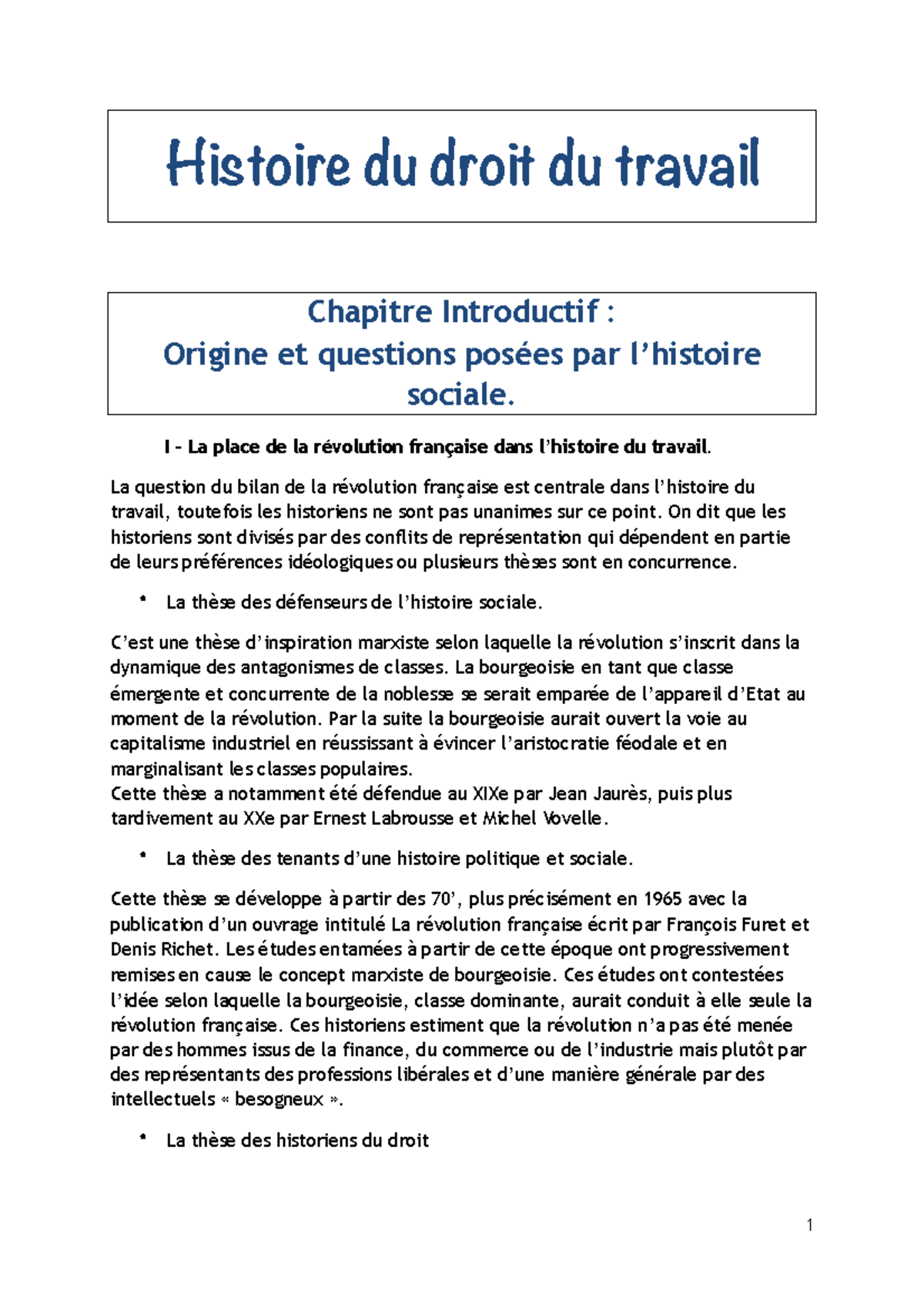 Histoire du droit du travail Histoire du droit du travail Chapitre