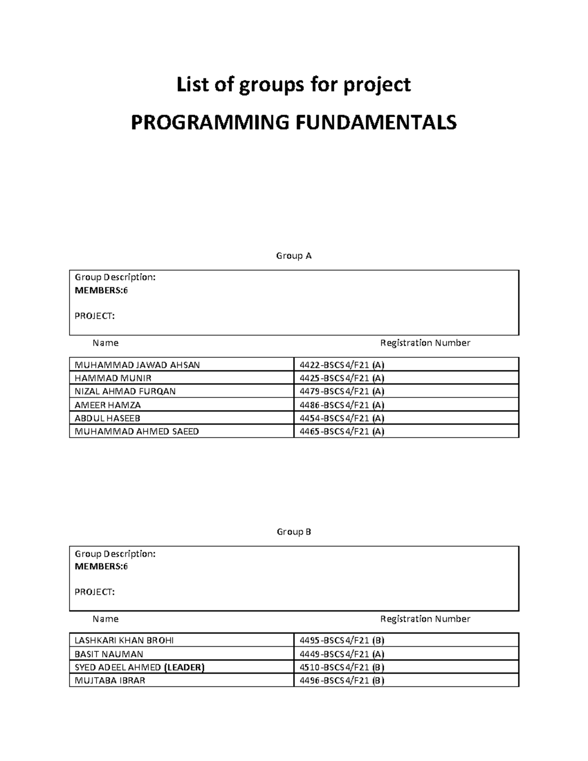 List of groups for project - List of groups for project PROGRAMMING ...