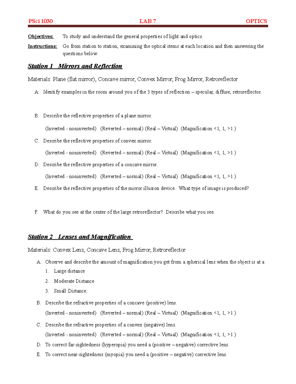 PSci 1030 LAB 7 Light AND Optics PSci 1030 LAB 7 OPTICS Objectives