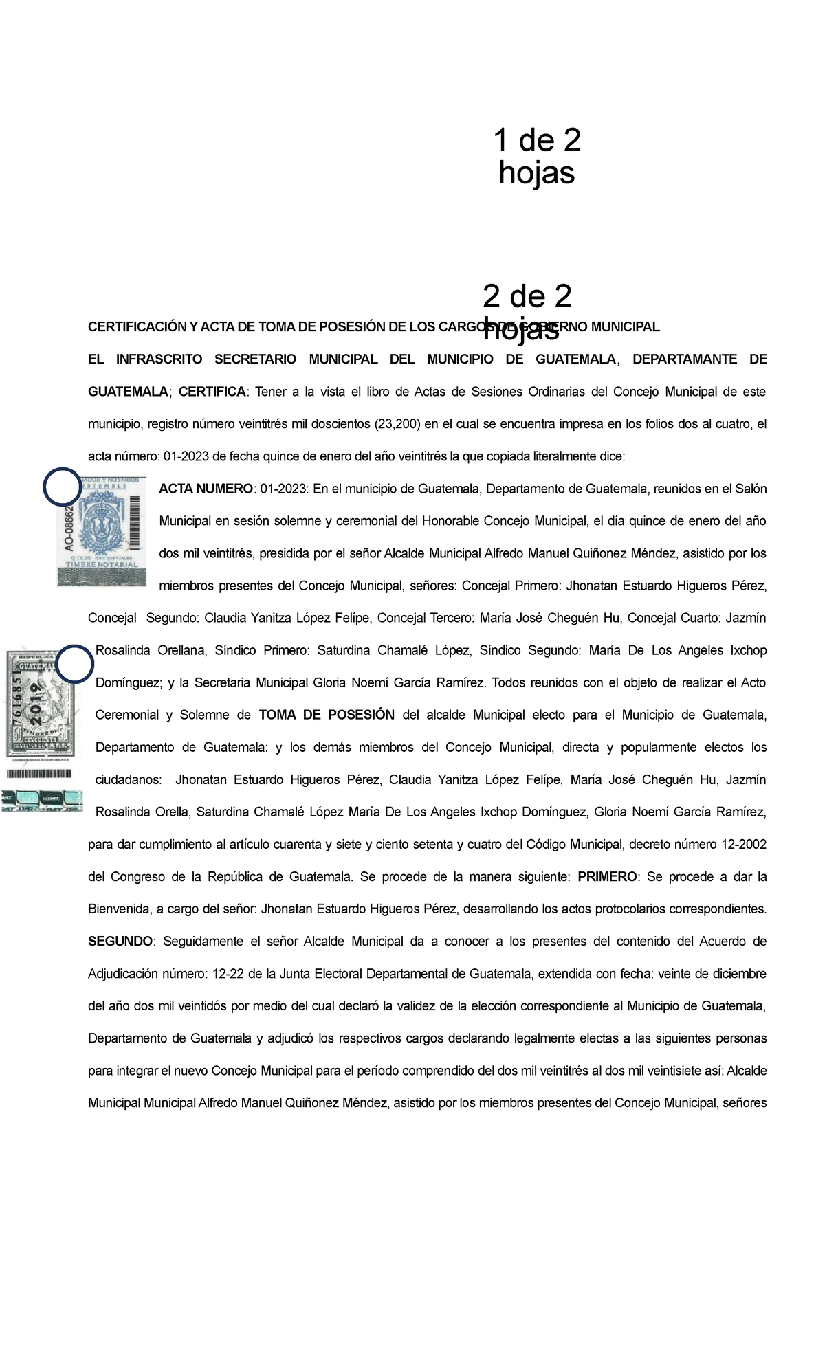 Certificación Y Acta De Toma De Posesión De Los Cargos De Gobierno