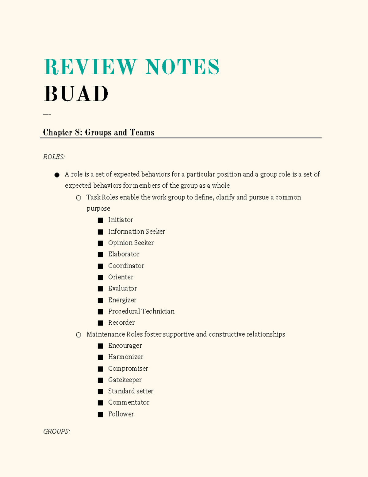 BUAD Notes Chapter 8 - REVIEW NOTES BUAD ___ Chapter 8: Groups and ...