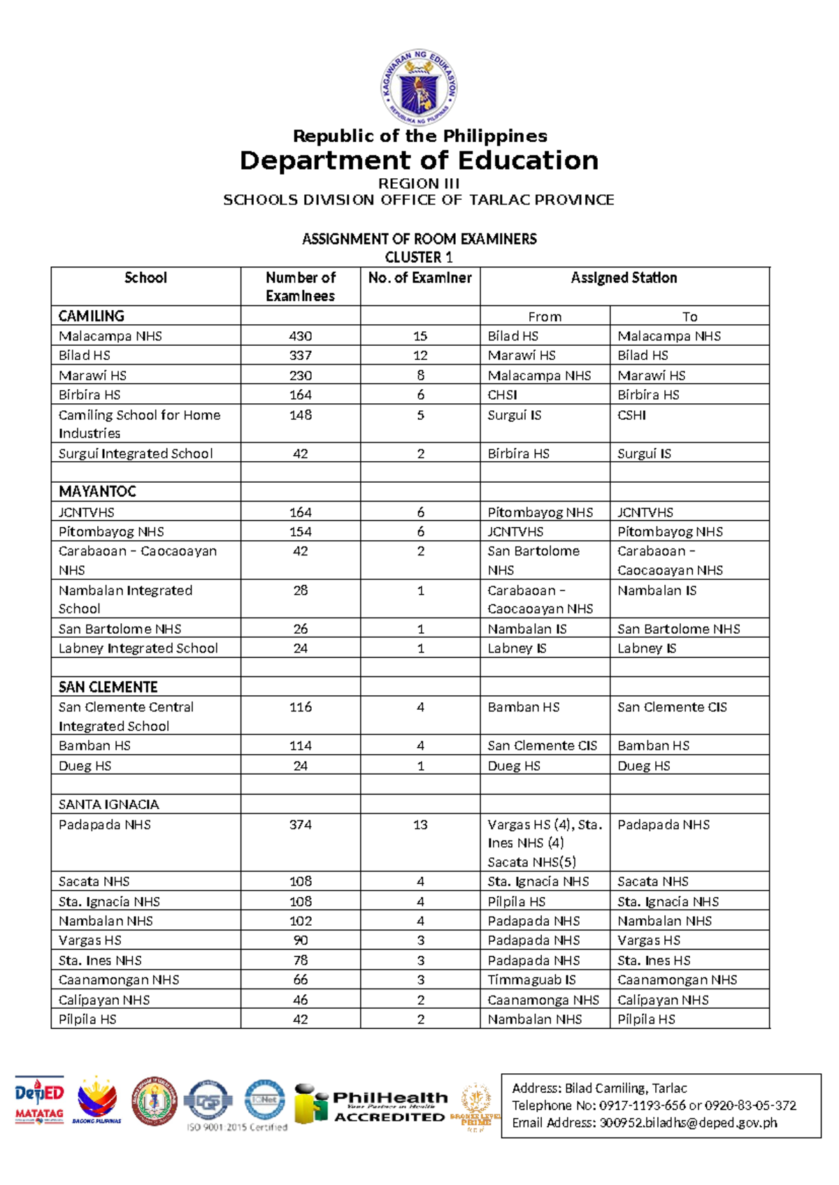 Room-Assignment - room assignment - Address: Bilad Camiling, Tarlac ...