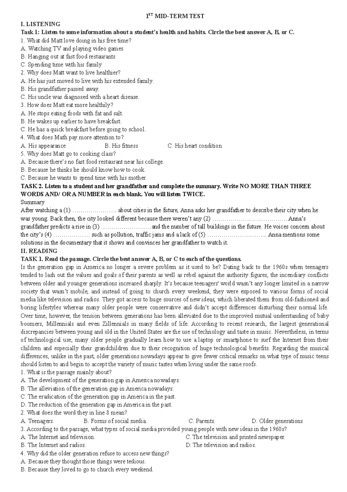 1ST MID - 1st mid test - 1 ST MID-TERM TEST I. LISTENING Task 1: Listen ...