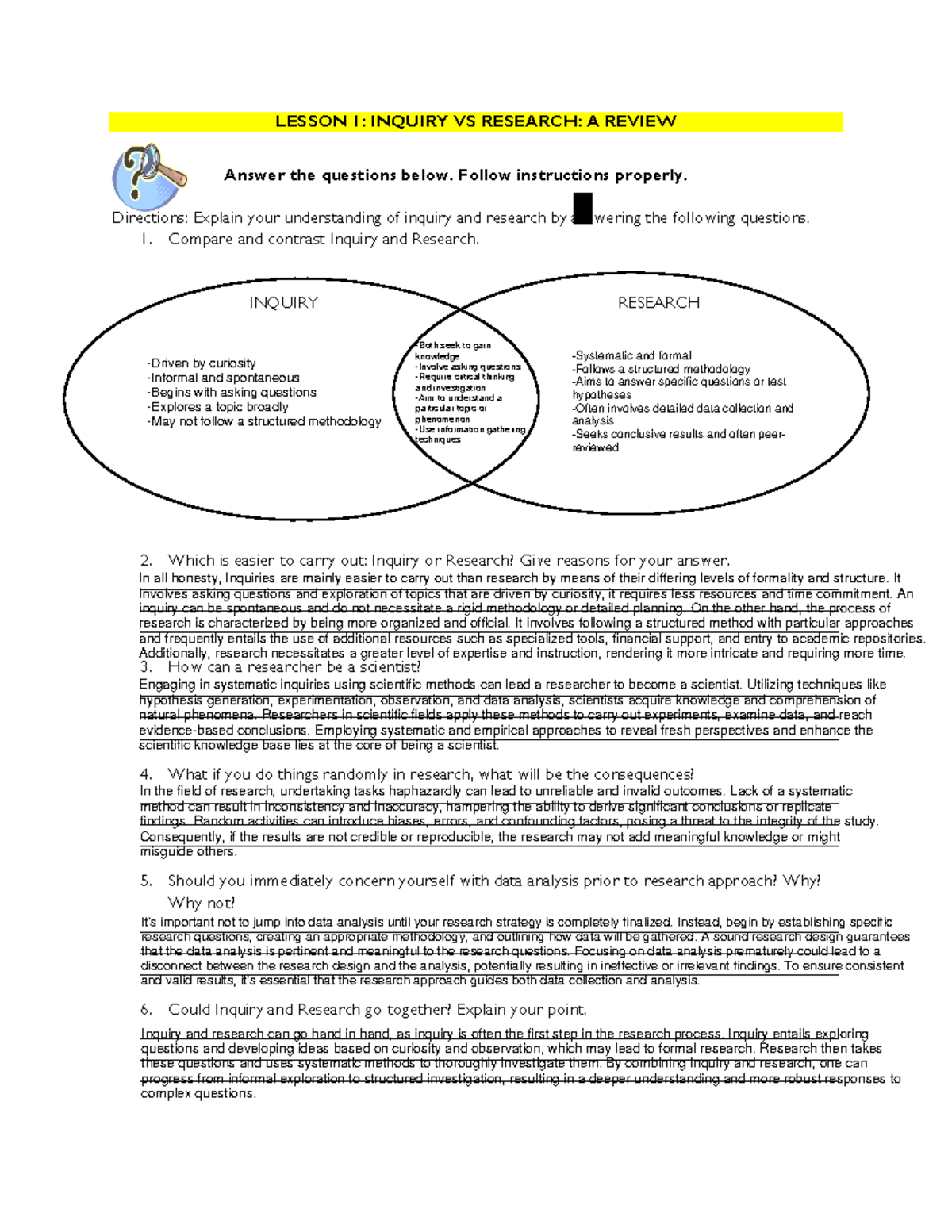 Practical Research II Lesson 1 Discussion and Activities - LESSON 1 ...