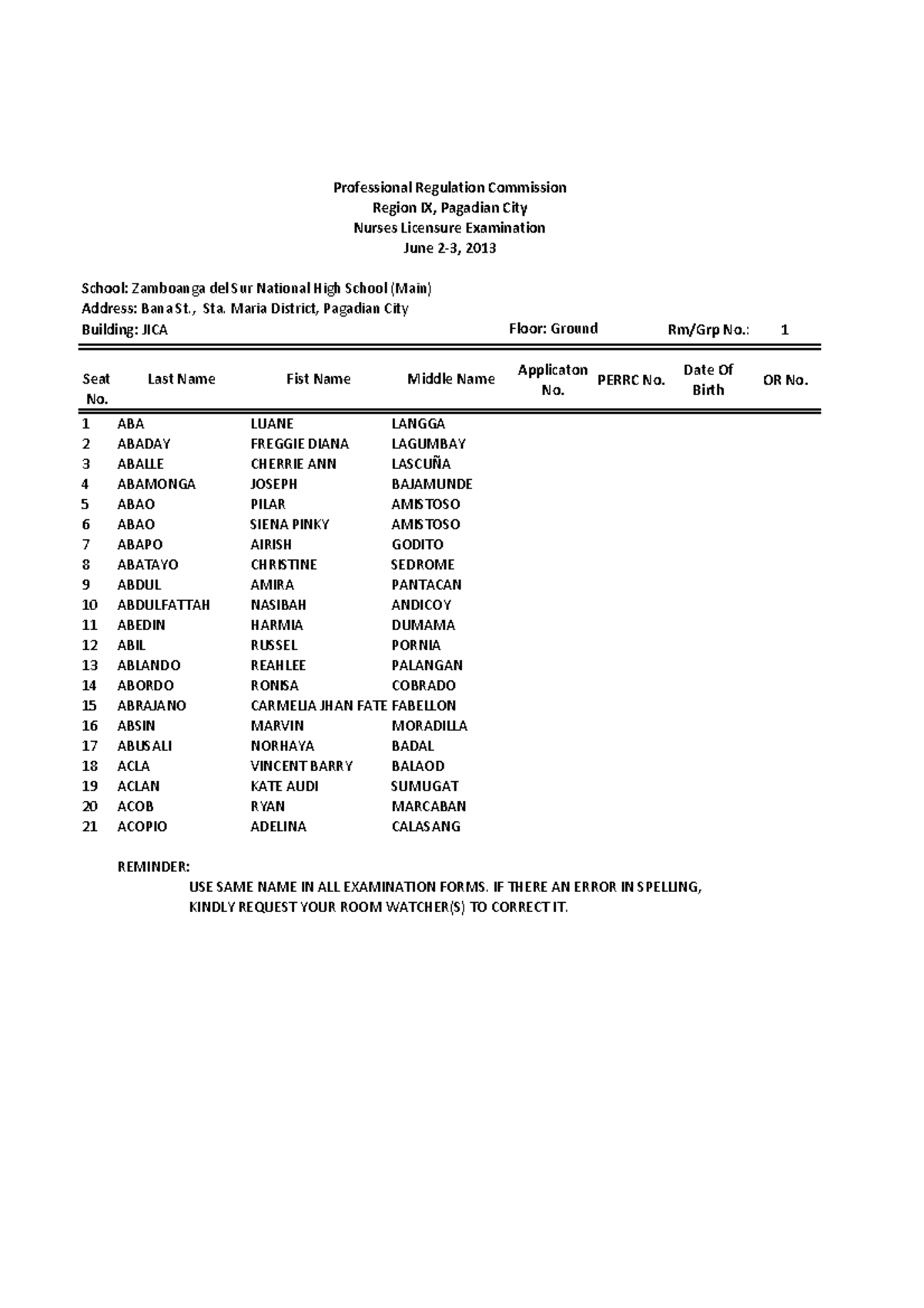 144414034-prc-room-assignment-for-june-2013-nursing-board-exam-pagadian