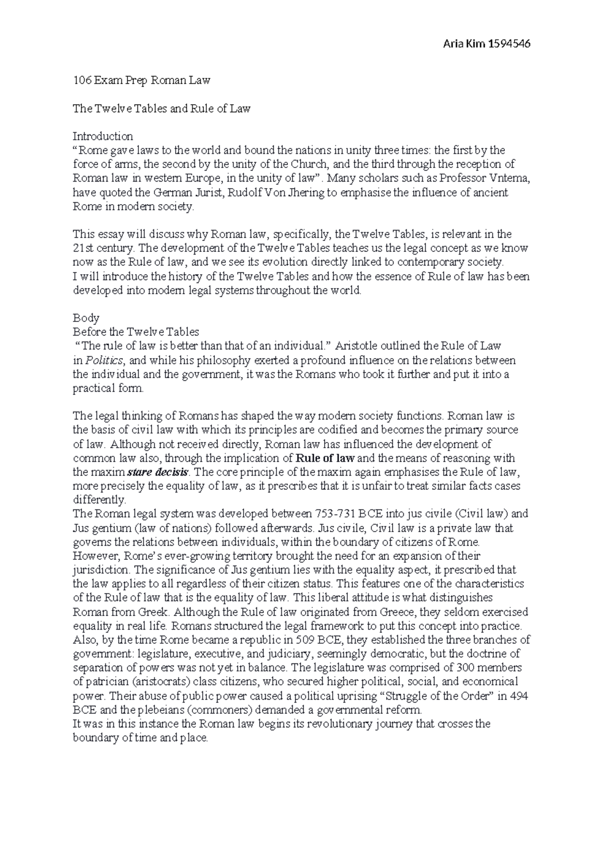 Roman law and Rule of law - Aria Kim 1594546 106 Exam Prep Roman Law ...