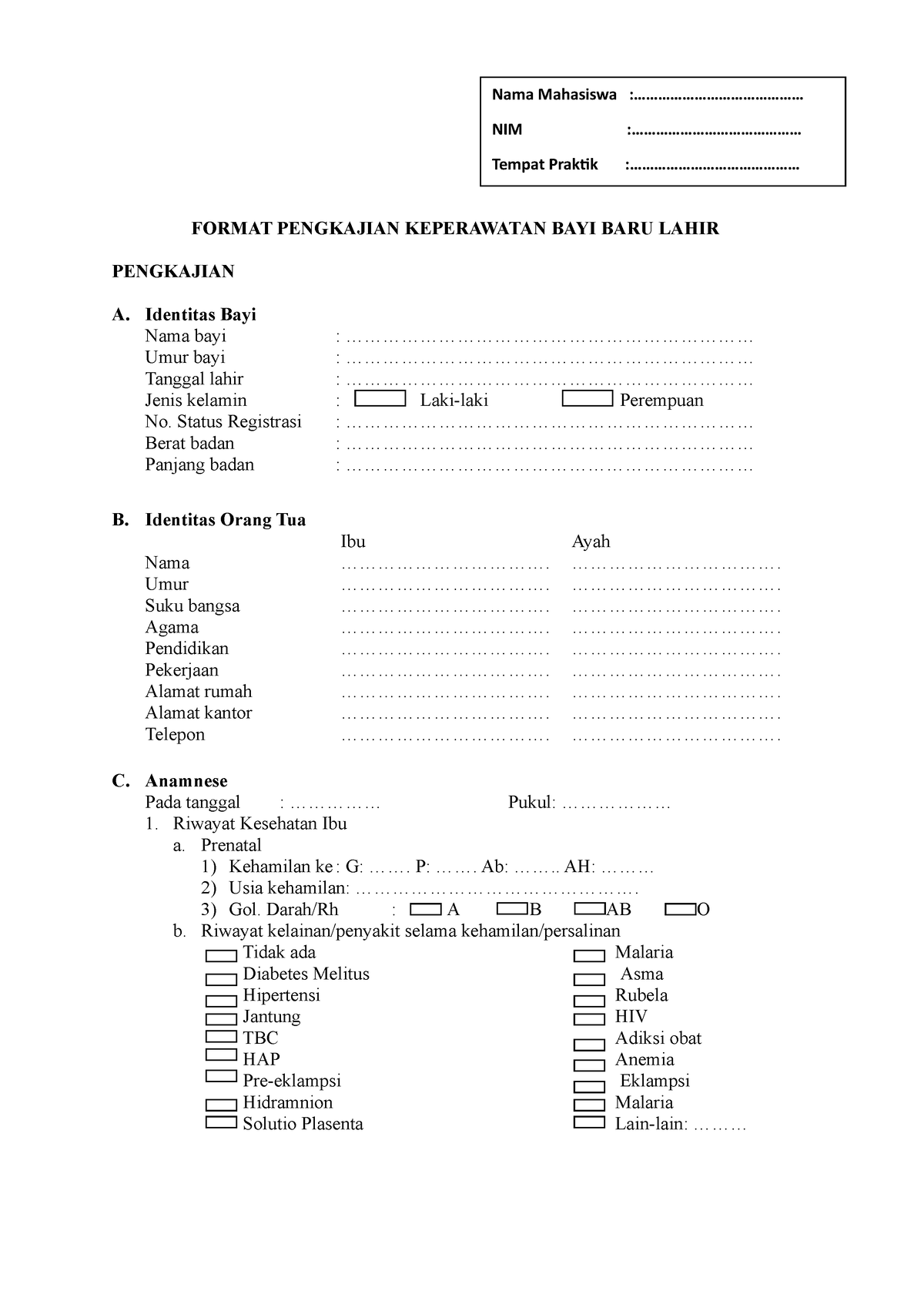 Format Pengkajian BBL DAN ANAK - FORMAT PENGKAJIAN KEPERAWATAN BAYI ...