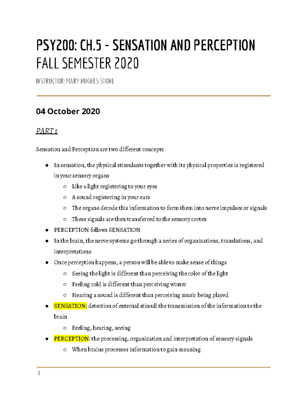 PSY200 Chapter 5 Sensation AND Perception Parts 1,2,3 - PSY200: CH ...