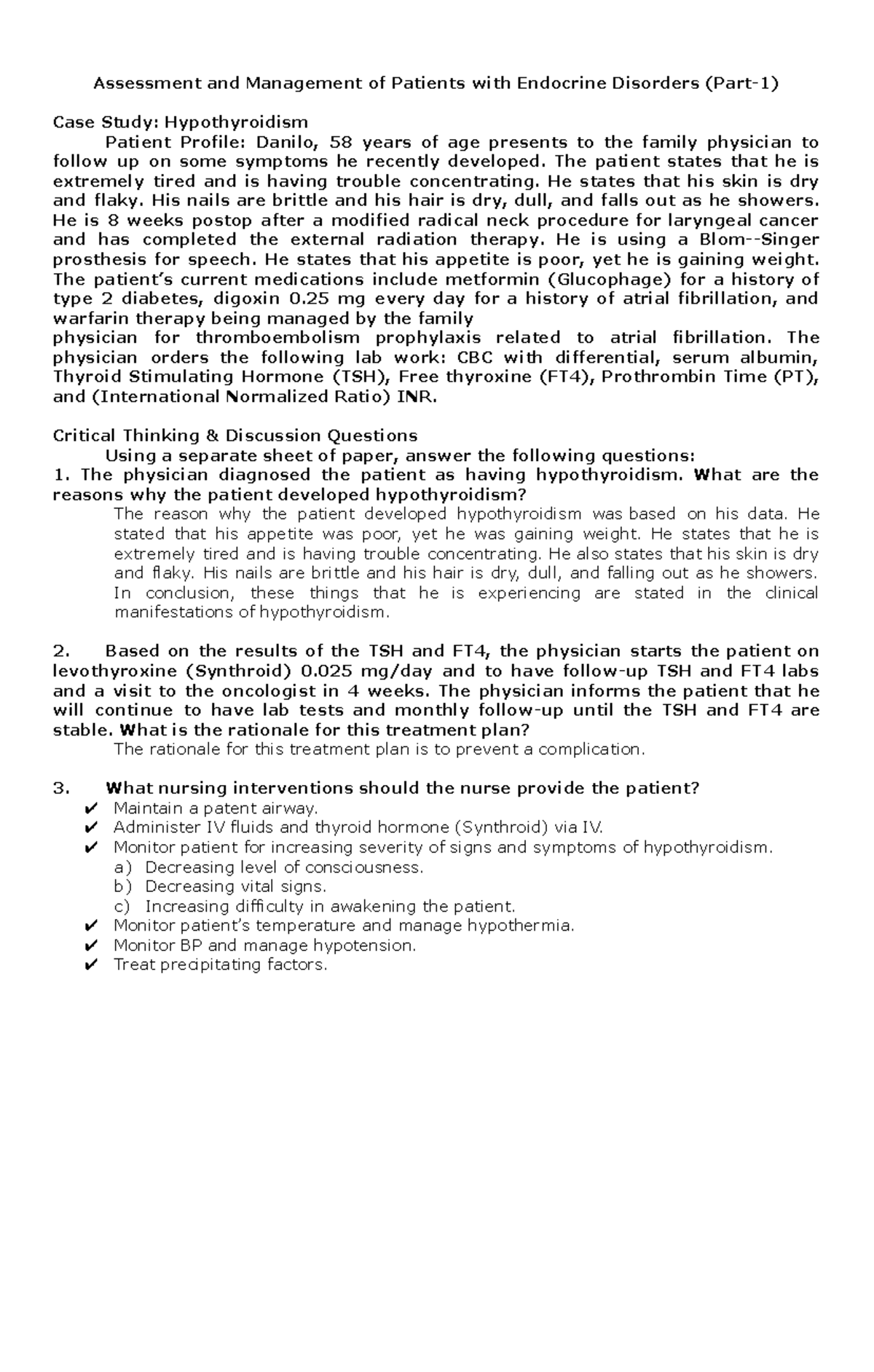 Assessment and Management of Patients with Endocrine Disorders Case ...