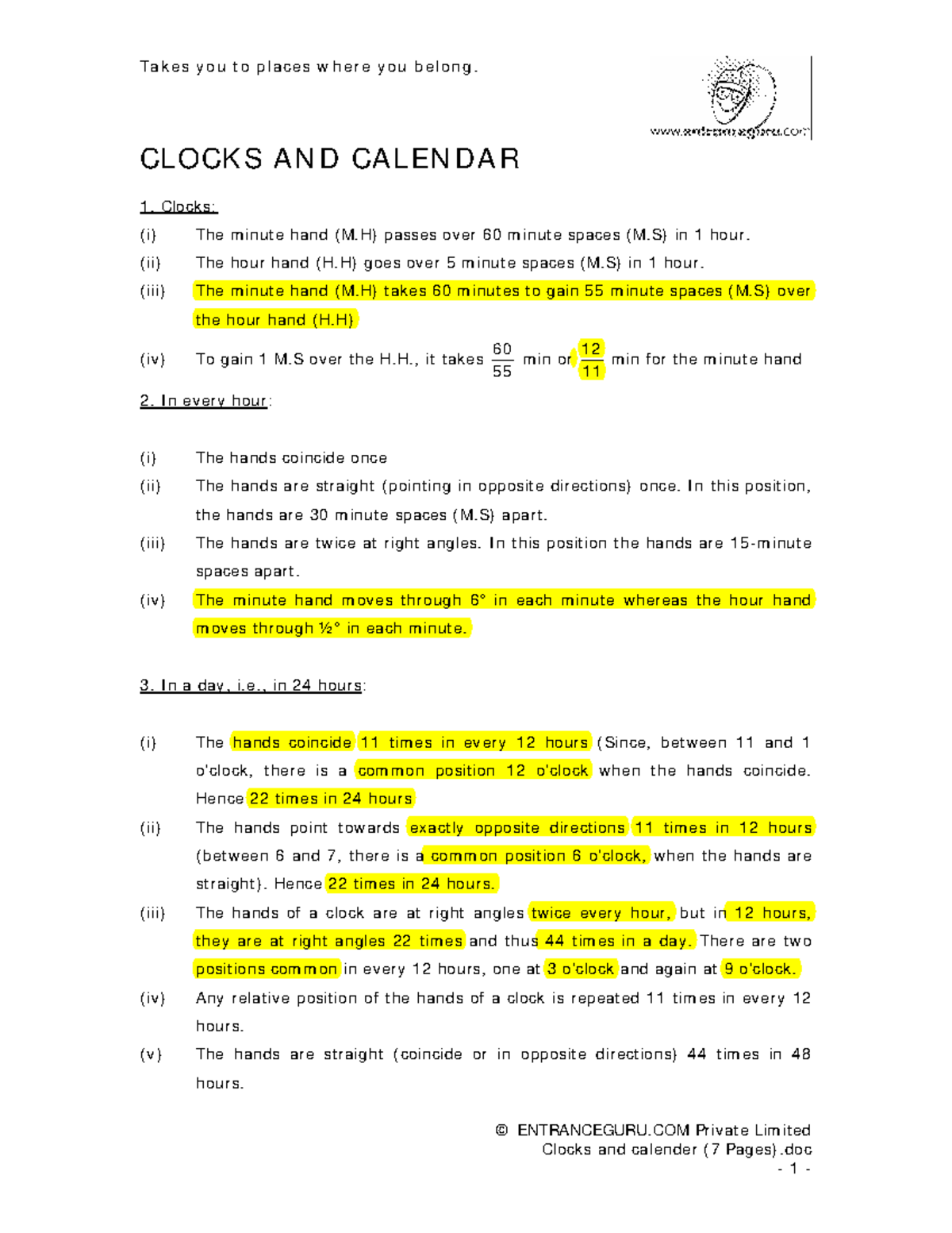 Clocks AND Calendar Q&A - © ENTRANCEGURU Private Limited CLOCKS AND ...