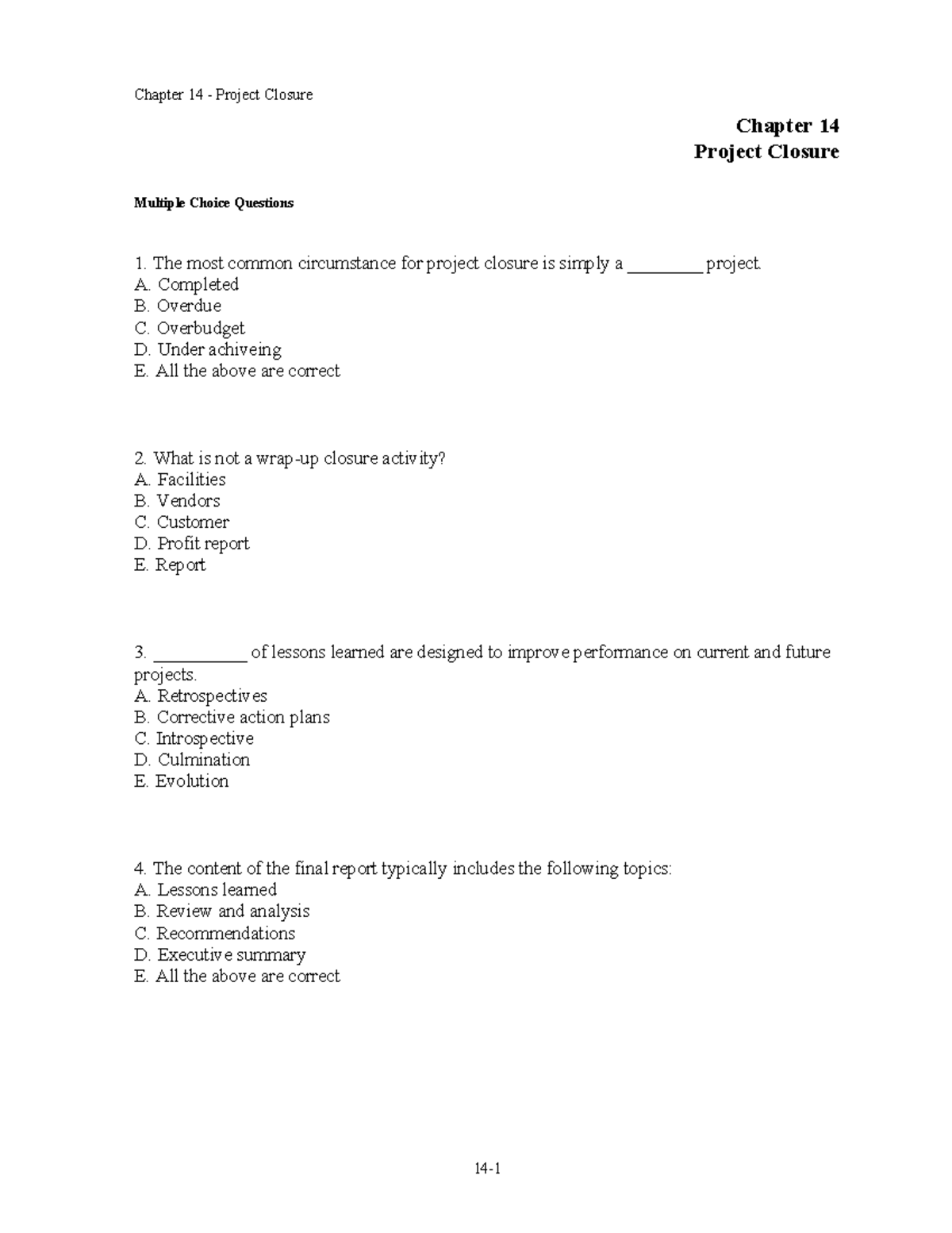 Chap-14 - Project Management - Chapter 14 Project Closure Multiple ...