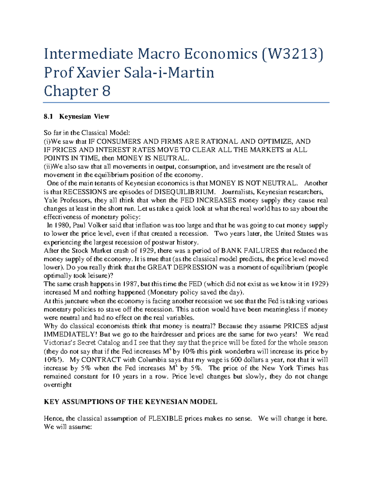 Chapter 8 Keynes - Intermediate Macro Economics (W3213) Prof Xavier ...